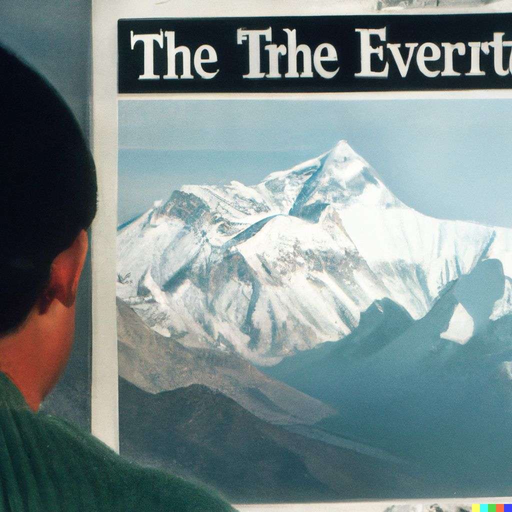 someone gazing at Mount Everest, front page of The New York Times, 1990